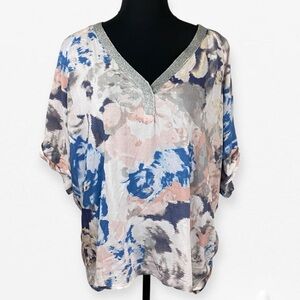 Juicy Couture Blue and Pink Flutter Short Sleeve V-Neck Blouse top XL